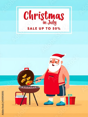 Santa claus grilling on the beach promoting christmas in july sales