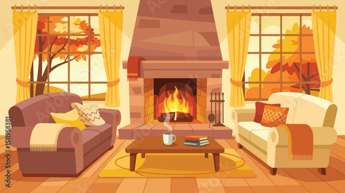 cozy living room interior with a fireplace and two sofa, window autumn view, flat vector illustration 