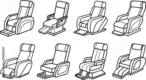 set of massage chair line art, black outline, vector and illustration, coloring book page line art drawing