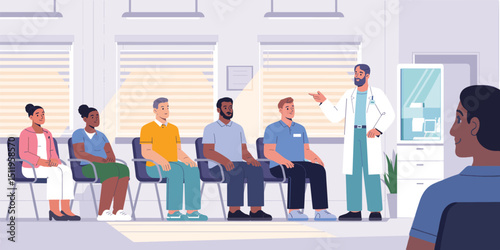 people characters sitting on chairs and waiting appointment time in medical hospital, flat vector illustration 