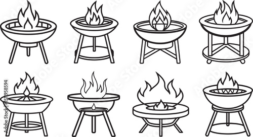 set of fire pit table line art, black outline, vector and illustration, coloring book page line art drawing