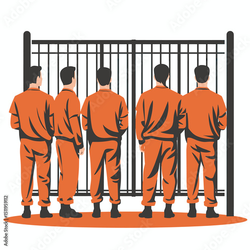 Five Men in Orange Uniforms by Barred Gate