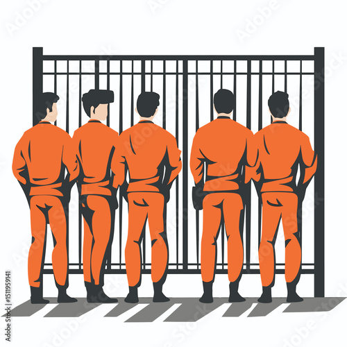 Five Men in Orange Uniforms by Barred Gate
