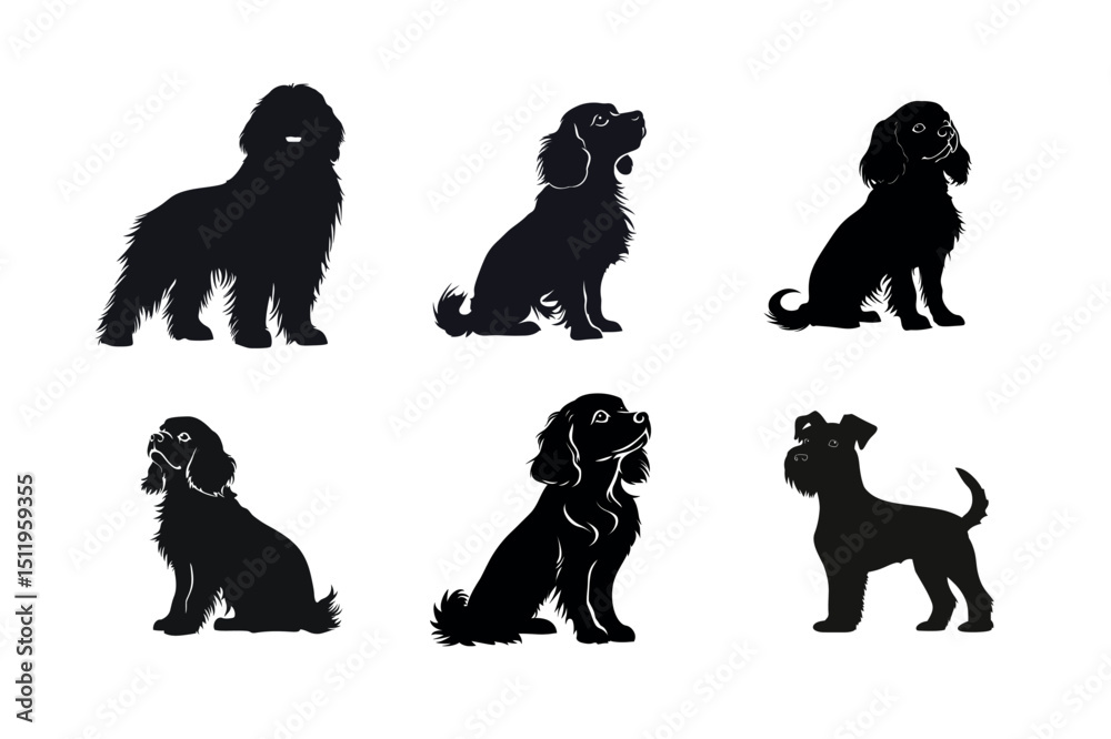 Fototapeta premium Six dog breed silhouettes cavalier king charles spaniel miniature schnauzer and more