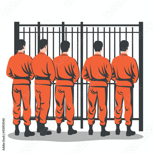 Five Men in Orange Uniforms by Barred Gate