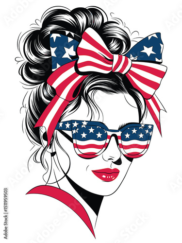 Patriotic Woman with Bow and Sunglasses in Red, White, and Blue