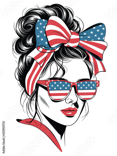 Patriotic Woman with Bow and Sunglasses in Red, White, and Blue