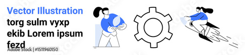 Wallpaper Mural Woman holding globe, abstract gear representing collaboration, woman on rocket symbolizing progress. Ideal for teamwork, innovation, growth, creativity, planning, leadership simple landing page Torontodigital.ca