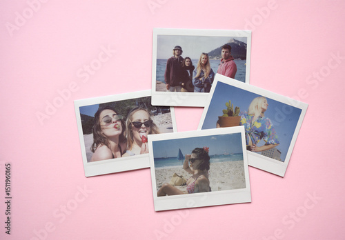 Four blank instant film photos arranged on a pink background. PSD mockup template