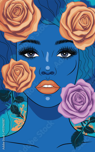 Vibrant Blue Woman with Roses and Mystical Background