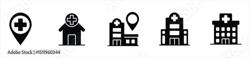 Hospital icon set with medical, psychiatric, equipment, science, general, clinic, school, children, health, student, pharmacy, dental, bed, diagnosis, surgery, patient, cardiology, and radiology 
