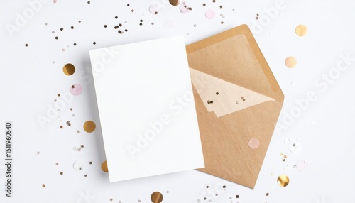  Stylish birthday invitation card mockup with pastel envelope and confetti, minimal design on white surface, top view