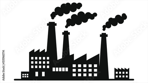 (Factory Buildings) Vector Silhouette of an Industrial Factory Complex with Smoke Stacks/A stylized, black silhouette of a factory complex emitting smoke.