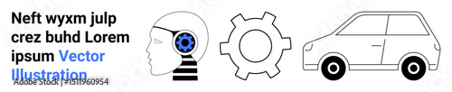 Head profile with mechanical gear, cogwheel representing innovation, and compact car outline for AI and automation. Ideal for technology, engineering, innovation, automation, robotics