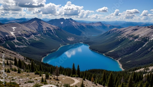 a stunning aerial view of a deep blue lake enclosed by dramatic mountain ranges, with patches of snow and verdant forests, under a sky dotted with fluffy clouds