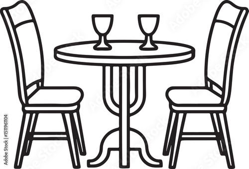 dining table and chairs line art, black outline, vector and illustration, coloring book page line art drawing