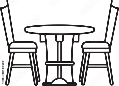 dining table and chairs line art, black outline, vector and illustration, coloring book page line art drawing