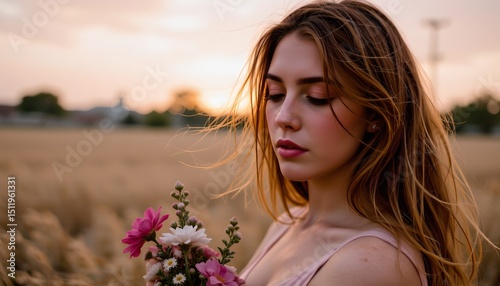 sunset field portrait with soft bokeh, person with windswept hair holding wildflower arrangement, dusty rose and amber sky, nostalgic film aesthetic