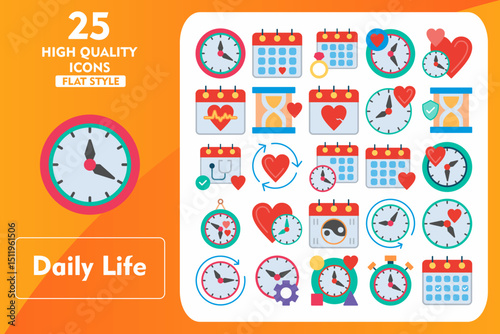 Daily Life Flat Icon Set. Incleded Icons Clock, Lifecycle, Waiting, Time, Clockwise, Management, Lifestyle, Stopwatch, Calendar. Vector Icons Collection