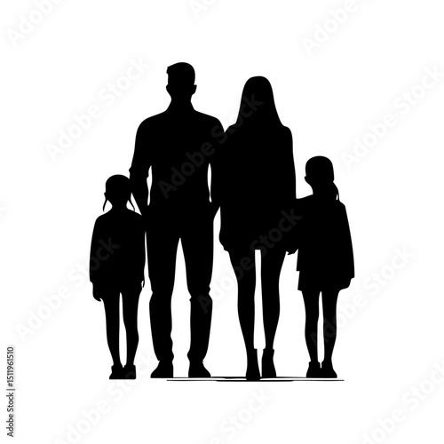 Black silhouette of a family of four holding hands, representing unity and love.

