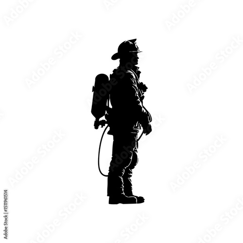 Black silhouette vector of a standing firefighter in full gear, minimalist black on white.

