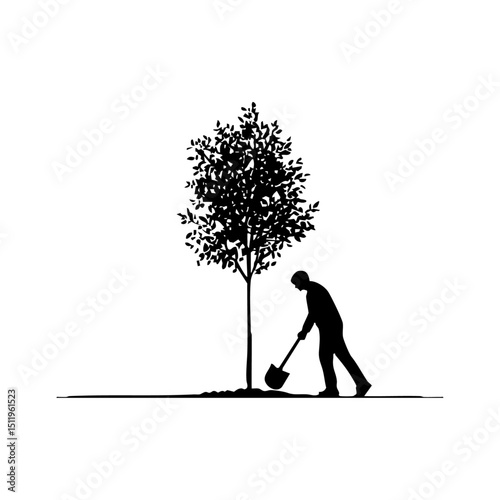 Black silhouette vector of a person planting a tree sapling, minimalist black on white.

