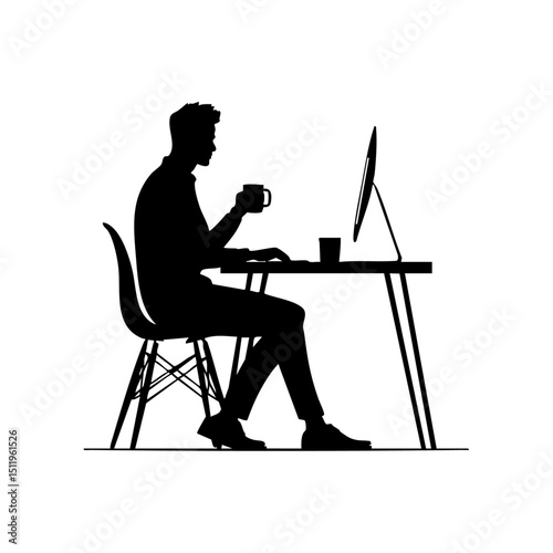 Silhouette vector of a person working from home at a desk with a computer and coffee mug.

