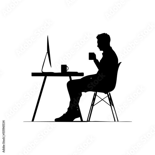 Black silhouette vector of a person focused on work at a desk with books and a lamp.

