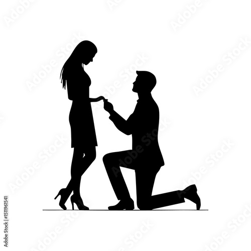 Black silhouette vector of a man proposing marriage on one knee, minimalist black on white.

