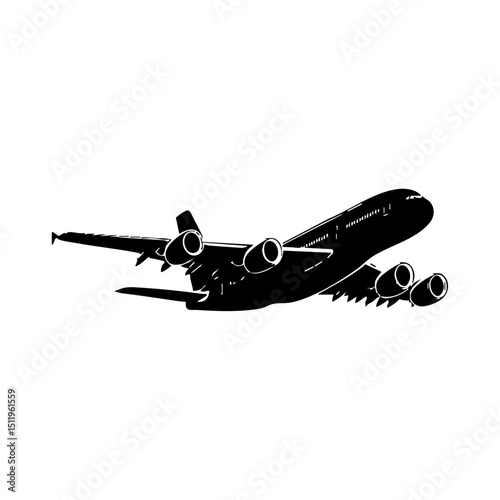 Minimalist black silhouette vector of a commercial airplane in flight. Flat aircraft icon suitable for travel, aviation, and transportation themes.



