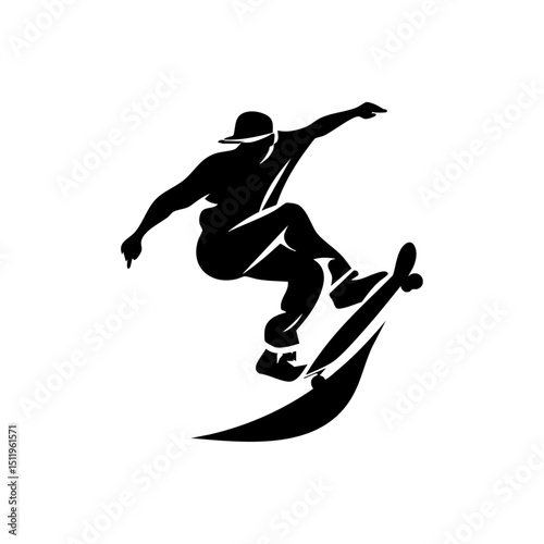 Dynamic black silhouette of a skateboarder performing a trick in mid-air.

