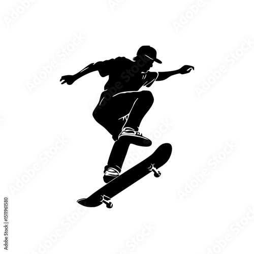 Black silhouette vector of a skateboarder performing a trick mid-air, minimalist black on white.

