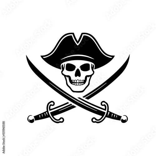 Bold pirate skull with eye patch and crossed swords in silhouette style. Black vector icon of pirate theme, ideal for logos, games, or adventure stories.



