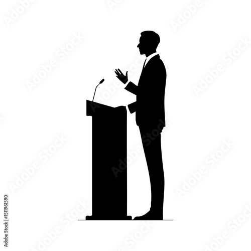 Silhouette of a politician speaking at a podium with raised hand gesture. Black vector illustration of a public speaker or leader addressing an audience.




