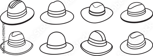 set of sun hat line art, black outline, vector and illustration, coloring book page line art drawing