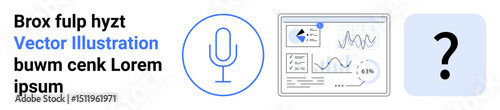 Microphone symbol, analytics dashboard, and question mark represent voice interface, data insights, query resolution. Ideal for AI tech, SEO, learning, online support and simple landing page