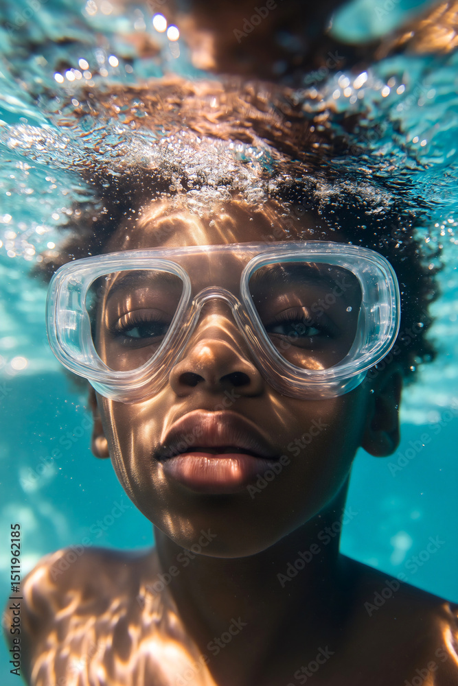 Fototapeta premium Underwater portrait of a boy with goggles, a calm, serious face submerged in blue water, peaceful summer vacation, childhood exploration