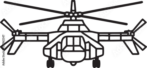 military helicopter line art, black outline, vector and illustration, coloring book page line art drawing