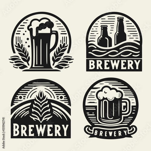 Set of black and white flat vector brewery logos. Includes beer mugs, hops, barley, bottles, and vintage labels. Perfect for pubs, bars, microbreweries, and International Beer Day.