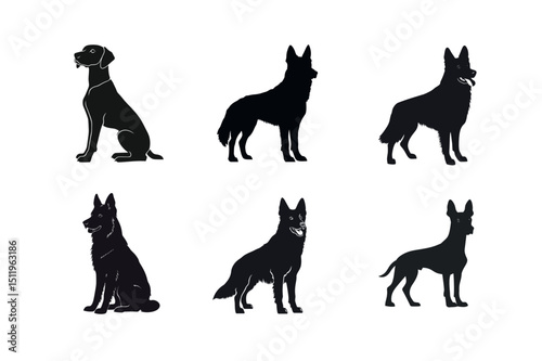 Six dog silhouettes german shepherd and pointer breeds