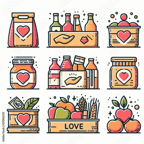 Charity Food Donation Vector Icons Set – Colorful Line Art Style