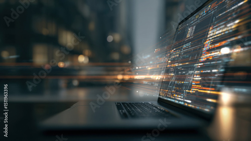 Modern Technology and Code Flow: A laptop with data streams symbolizing technological progress