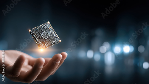 A futuristic and technology-driven scene: The image captures a hand holding a circuit board, symbolizing innovation and modern technology