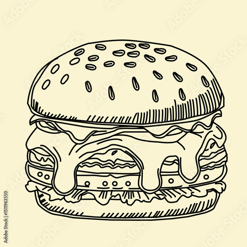 doodle burger pattern background. doodle fast food burger seamless pattern background. seamless pattern of hamburger in doodle style. Seamless Pattern of a Cheese Burger or Hamburger