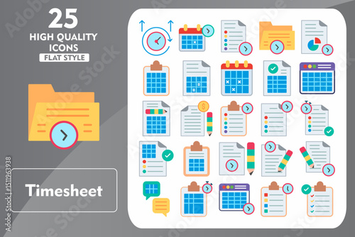 Timesheet Flat Icon Set. Incleded Icons Overtime, Upcoming, Bullet list, Folder, Business report, Clipboard, Sheet, Notepad. Vector Icons Collection