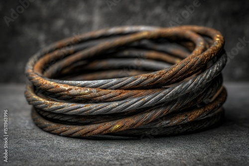 Rusty cables stacked artistically on a dark surface create a striking industrial aesthetic in this detailed composition