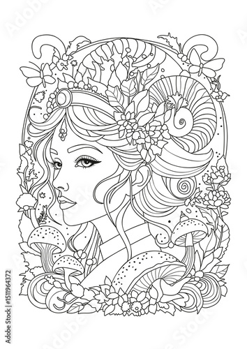 Portrait of a young woman in an unusual beautiful headdress. Coloring page for children and adults.