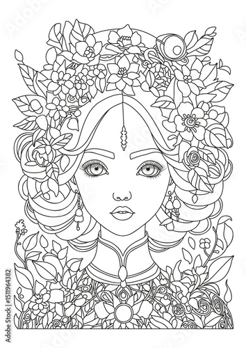 Portrait of a beautiful young woman decorated with flowers. Coloring page for children and adults. Illustration for coloring.