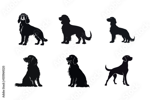 Six silhouettes of irish setter dogs in various poses