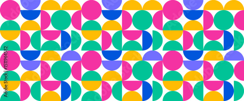 Vibrant Geometric Seamless Pattern background. Modern Abstract Design with Circles and Semicircles in Pink, Blue, Teal, Yellow, and Purple, Ideal for Backgrounds, Textiles, and Contemporary Decor.